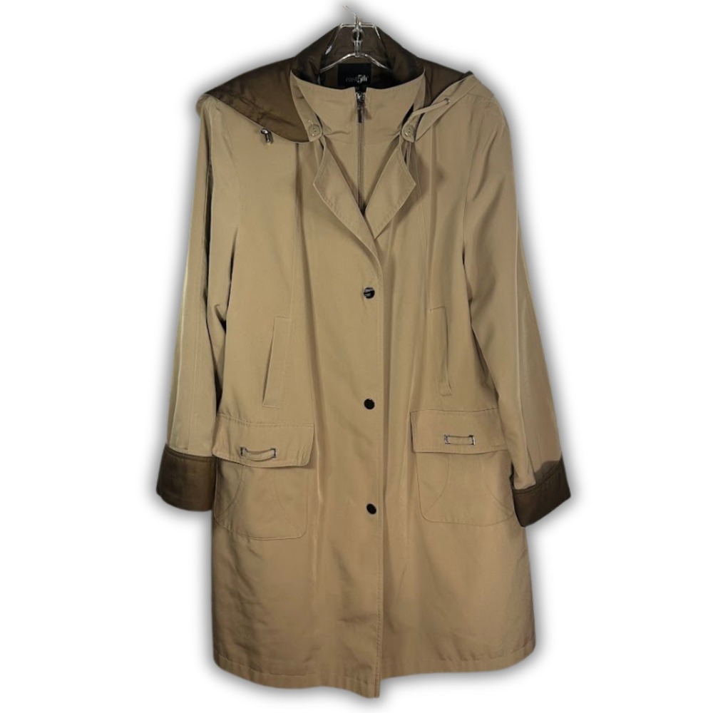 East 5th Women's Tan Hooded Trench‎ Coat Brown Accents Large Chore Barn Jacket